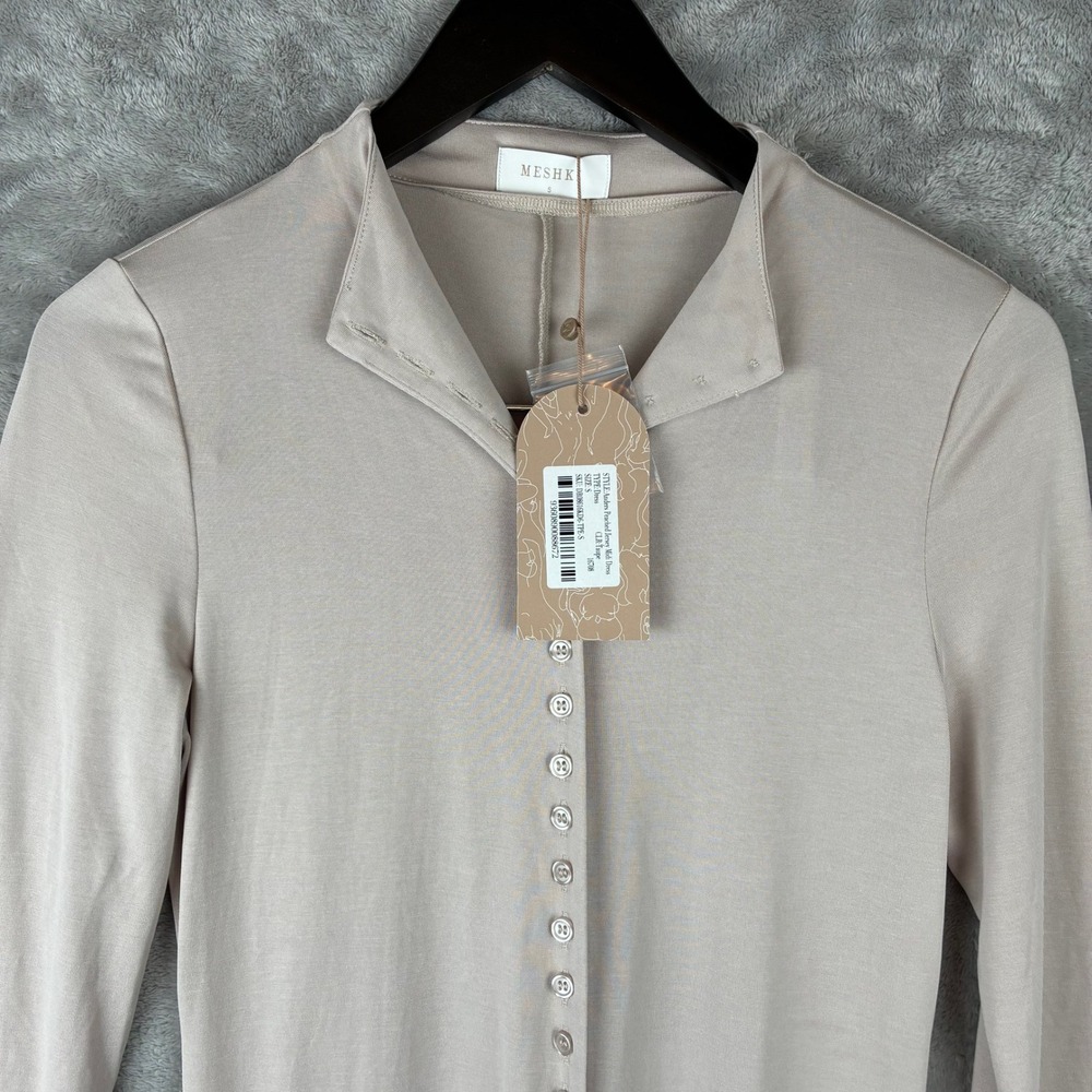 NWT Meshki Anders Dress Women S Taupe Button Front Midi Quiet Luxury Minimalist - Picture 4 of 11